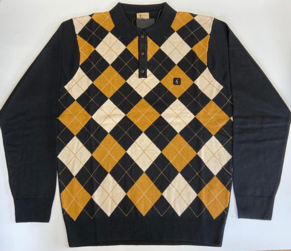 Gabicci Diamond Pattern Knitted Polo Shirt - Black/Oatmeal (V45GM01)